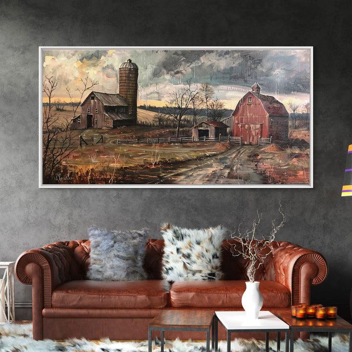 Vintage Farm Scene with Silos, Framed Canvas Print, Rustic Wall Art, Living Room Decor, Farmhouse Style, Country Home Art