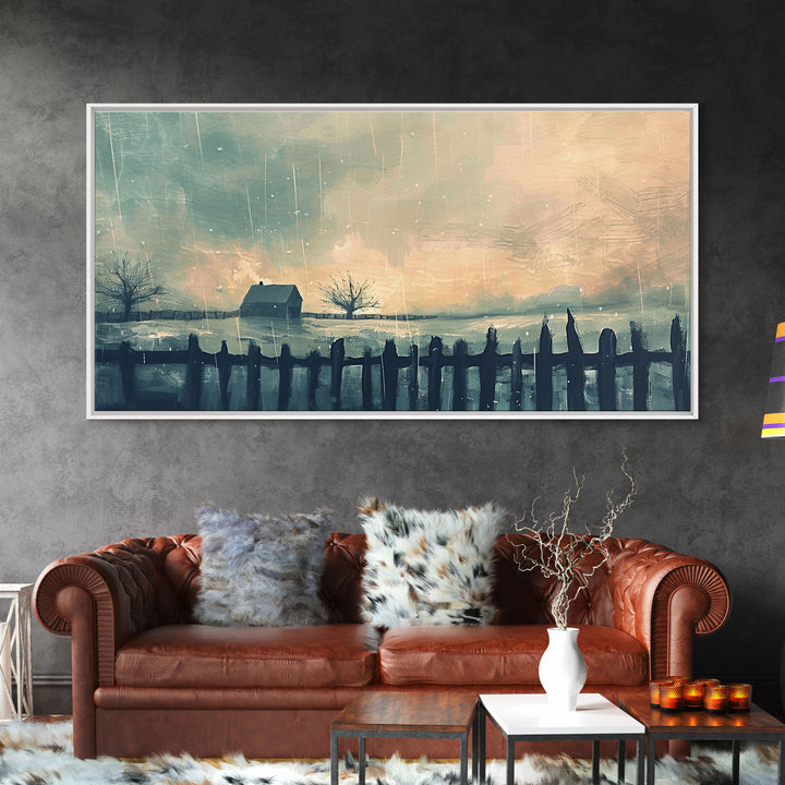 Winter Farmhouse in Snowy Landscape, Framed Canvas Print, Minimalist Wall Art, Living Room Art, Bedroom Decor, Winter Scene