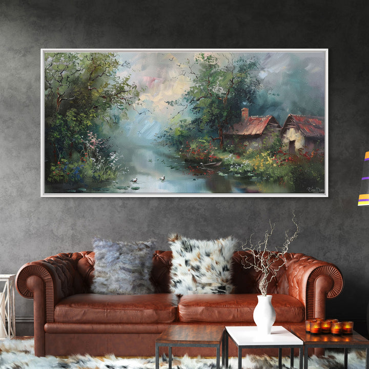 Serene River Cottage with Flowers, Framed Canvas Print, Farmhouse Style, Living Room Decor, Bedroom Art, Nature Scene