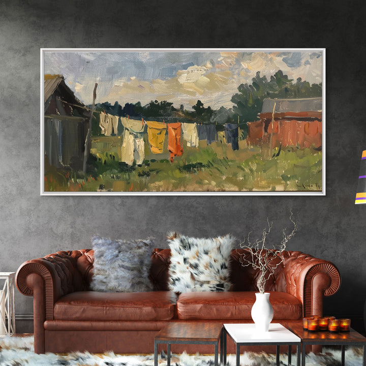 Sunny Day on the Farm with Clothesline, Framed Canvas Print, Rustic Wall Art, Living Room Decor, Farmhouse Style, Country Scene