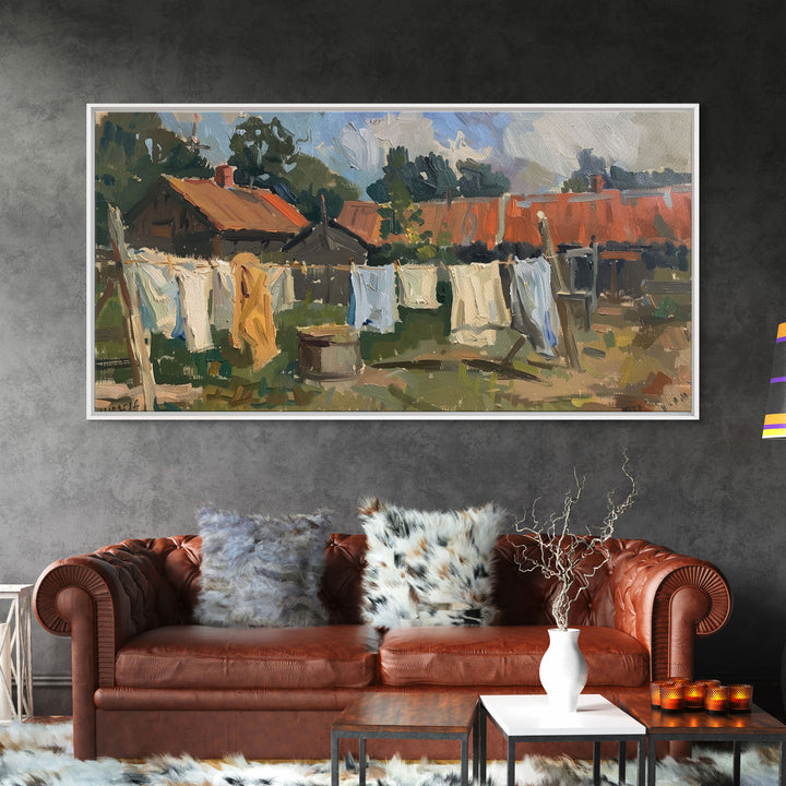 Rustic Homestead with Clothesline, Framed Canvas Print, Farmhouse Style, Living Room Art, Country Decor, Vintage Scene