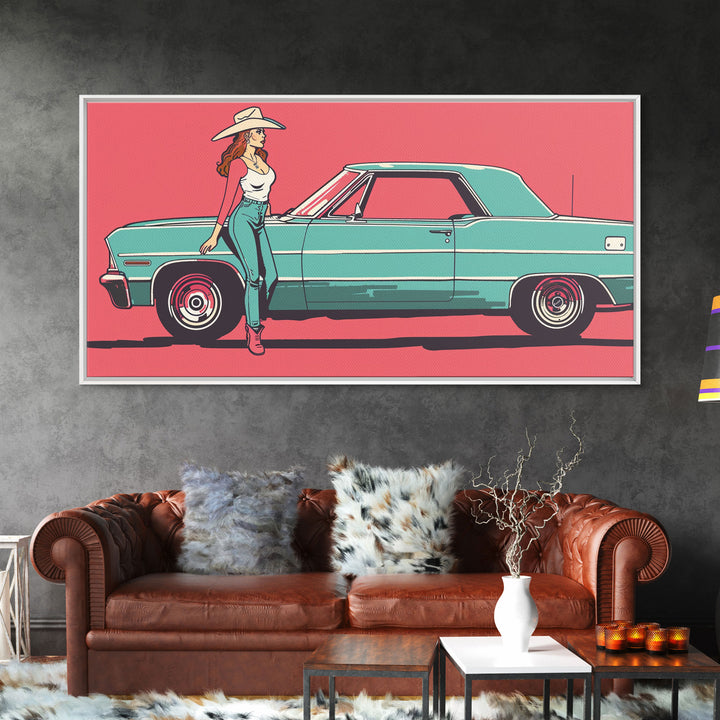 Cowgirl Leaning Against Classic Car in Pop Art Style, Vibrant Framed Canvas Print for Bedroom, Perfect Living Room Wall Art