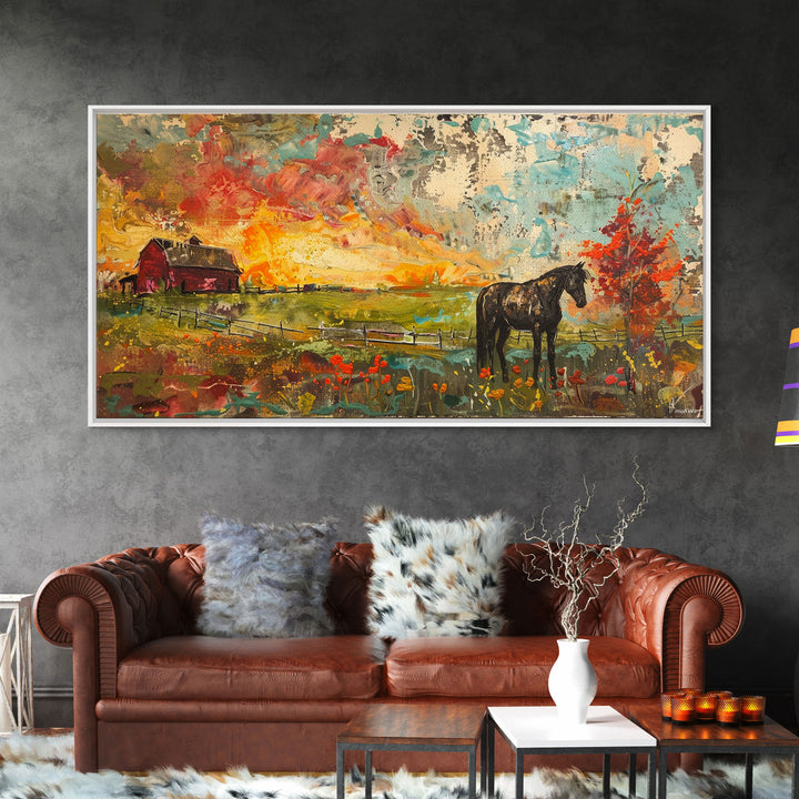 Horse and Red Barn in Colorful Field, Beautiful Farmhouse Art, Framed Canvas Print, Rustic Living Room Decor, Vibrant Wall Art