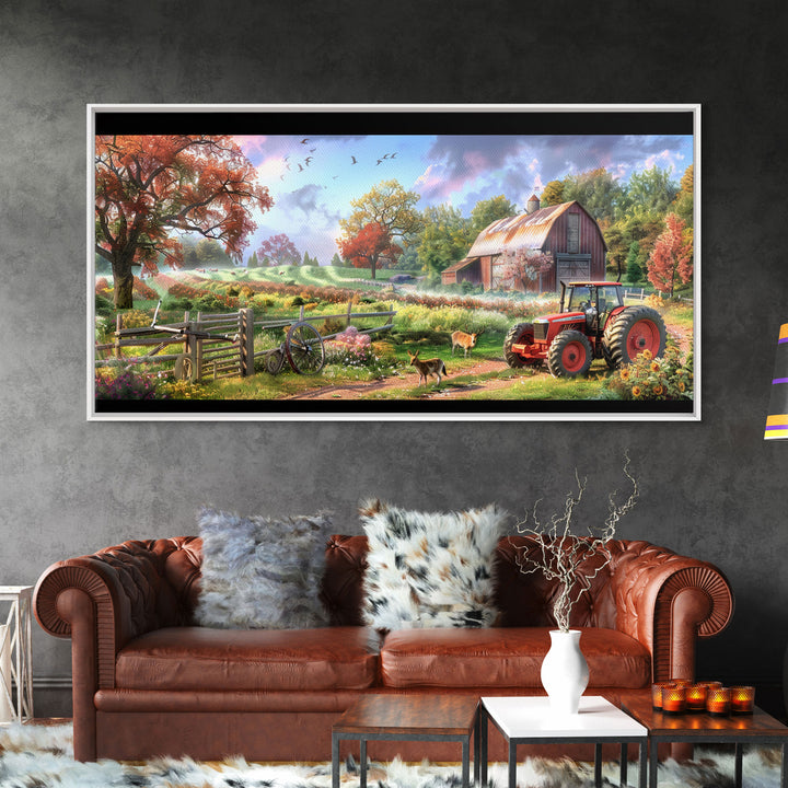 Tranquil Farm Scene with Red Barn and Tractor, Idyllic Rural Art, Framed Canvas Print, Country Wall Decor, Living Room Decoration