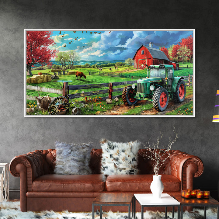 Green Tractor and Red Barn in Lush Fields, Perfect Farmhouse Art, Framed Canvas Print, Rural Wall Decor, Living Room Decoration