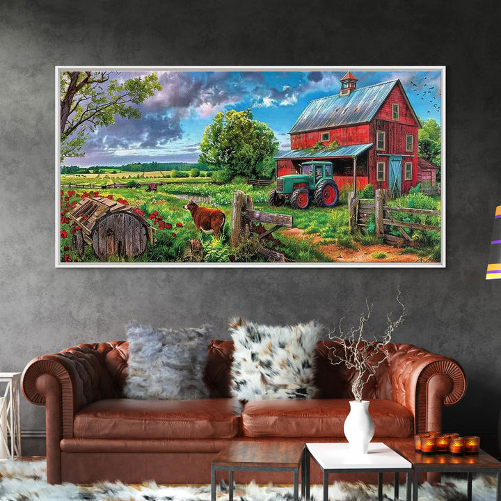Rustic Barn with Green Tractor in Field, Stunning Country Art, Framed Canvas Print, Farmhouse Wall Decor, Living Room Decoration