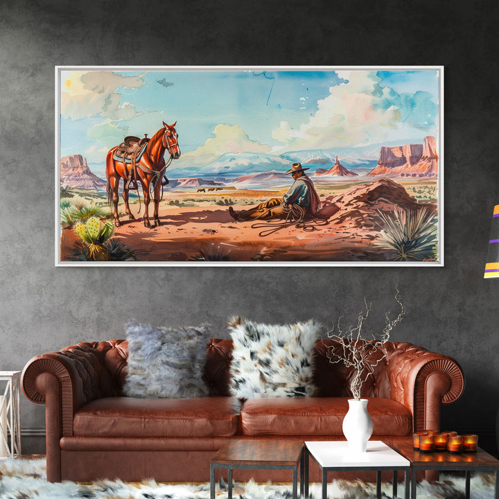 Cowboy Resting with Horse in Desert Landscape, Classic Western Art, Framed Canvas Print, Rustic Wall Decor, Living Room Decoration