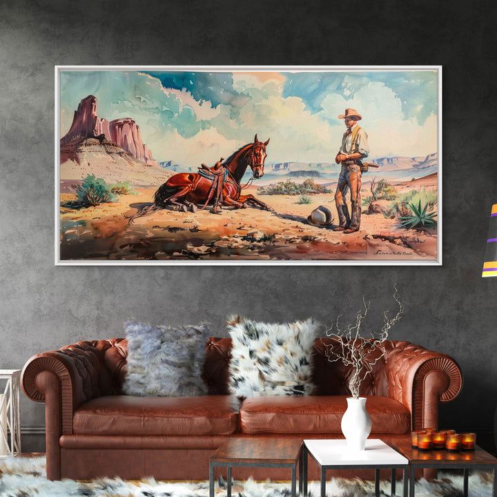 Cowboy and Horse in Desert Landscape, Rustic Farmhouse Art, Framed Canvas Print, Western Decor, Living Room Wall Art, Country Style