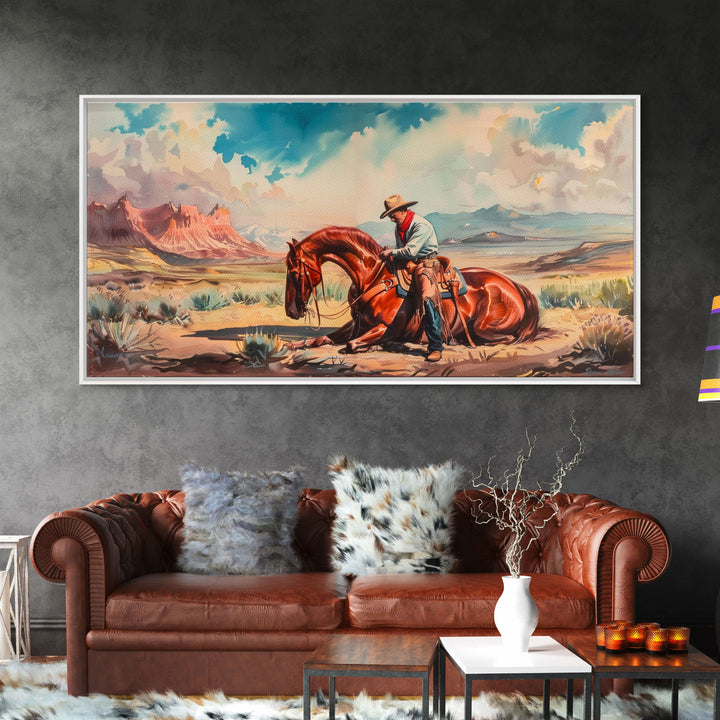 Cowboy Comforting Horse in Open Plains, Farmhouse Western Decor, Framed Canvas Print, Country Living Art, Rustic Wall Art for Home