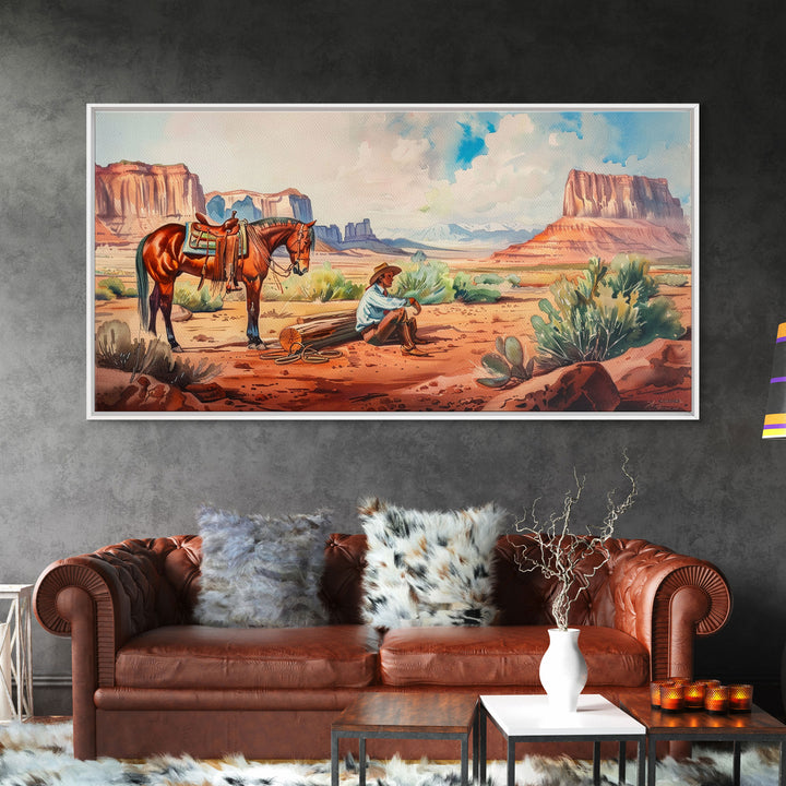 Cowboy Resting by Horse in Desert Scene, Rustic Farmhouse Art, Framed Canvas Print, Western Decor, Living Room Wall Art, Country Style