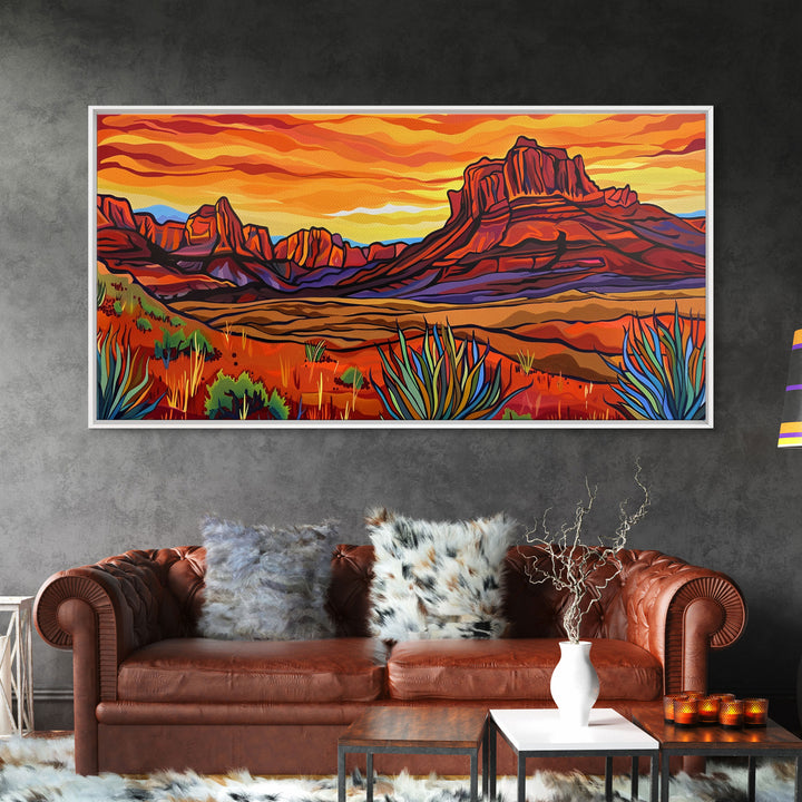 Colorful Desert Sunset with Saguaro Cacti, Framed Canvas Print for Living Room Art, Ideal for Southwestern and Boho Decor