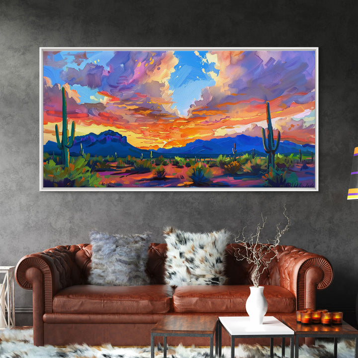 Stunning Desert Sunset with Cacti Silhouettes, Framed Canvas Print for Bedroom Art, Great for Boho and Southwestern Decor