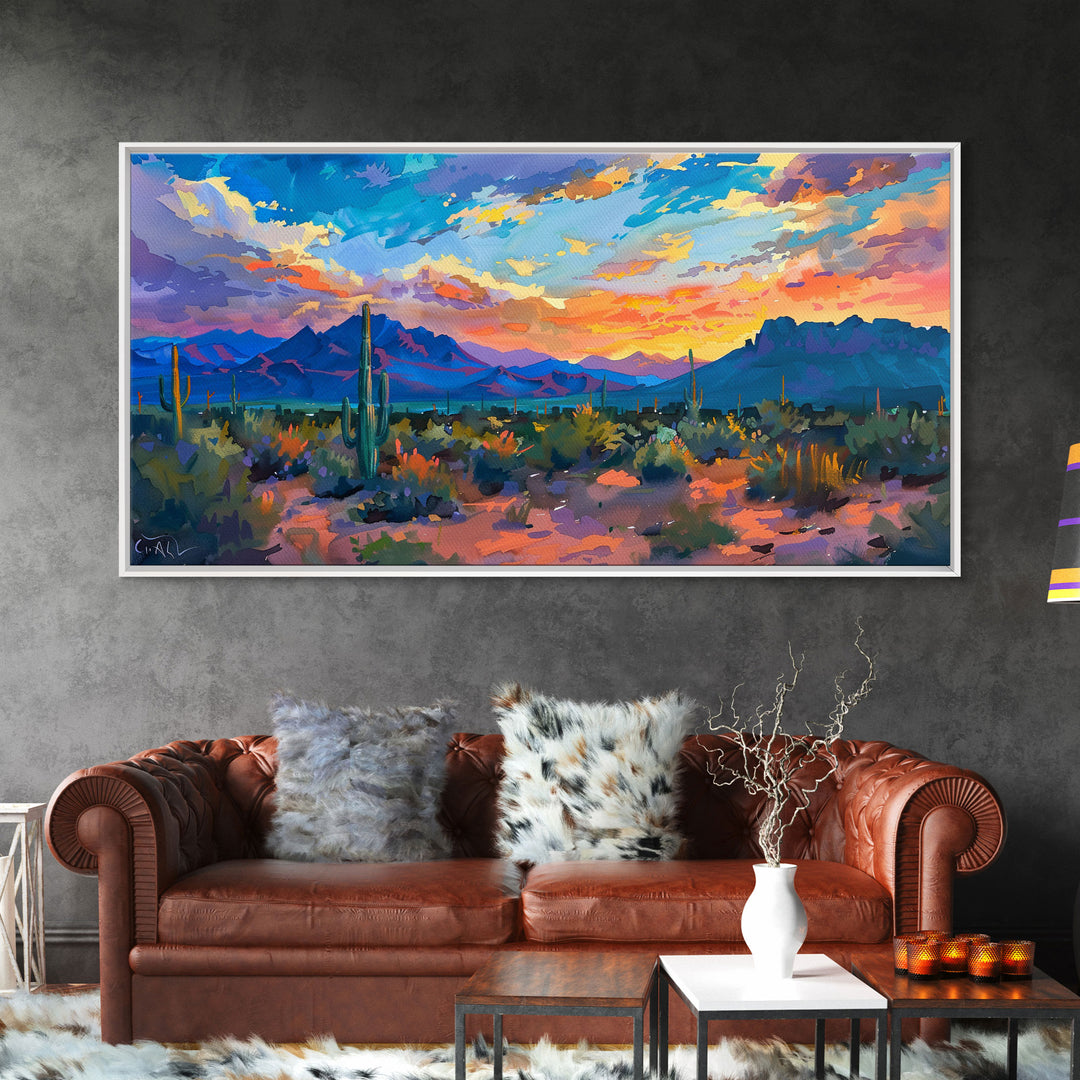 Monument Valley Sunset with Tall Cacti, Framed Canvas Print for Living Room Art, Perfect for Boho and Southwestern Decor