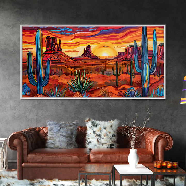 Colorful Desert Evening with Cacti and Mountains, Framed Canvas Print for Bedroom Art, Great for Boho and Southwestern Decor