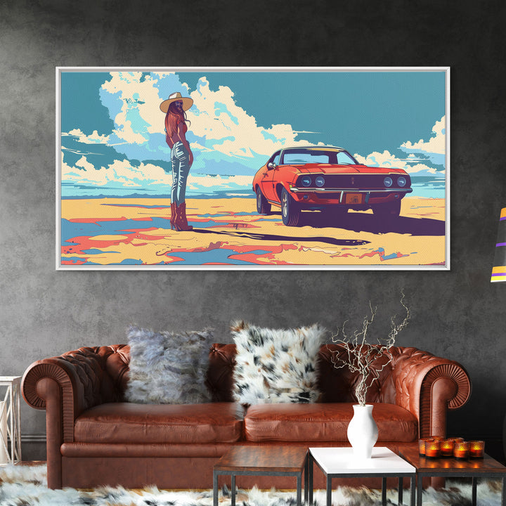 Stylized Cowgirl with Red Car in Vast Desert, Framed Canvas Print for Bedroom, Ideal Living Room Art, Retro Wall Decor