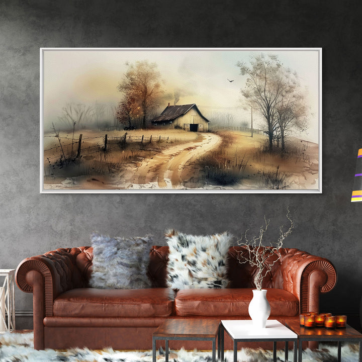 Misty Morning Farmhouse with Winding Path, Beautiful Framed Canvas Print for Bedroom, Boho Wall Art, Countryside Decor