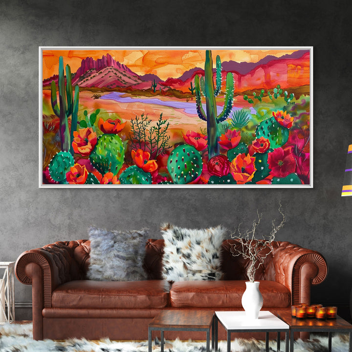 Majestic Cacti and Mountains at Sunset, Captivating Framed Canvas Print for Bedroom, Southwestern Style Wall Art, Nature Scene