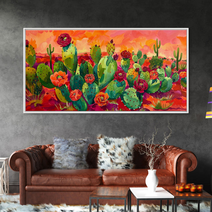 Bright Desert Flowers and Cacti with Mountains, Vibrant Framed Canvas Print for Home, Boho Wall Art, Nature Lover's Decor