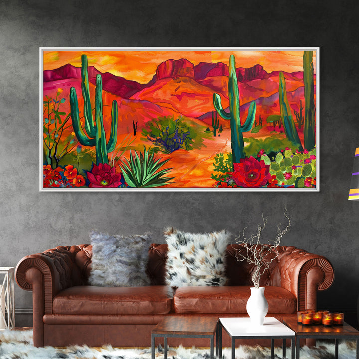 Colorful Desert Landscape with Cacti and Mountains, Stunning Framed Canvas Print for Living Room, Boho Wall Art, Nature Decor