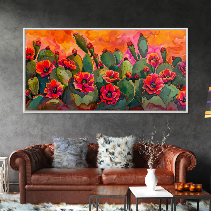 Lush desert landscape with blooming cacti at sunset, Framed Canvas Print, ideal for minimalist living room, wall art decor