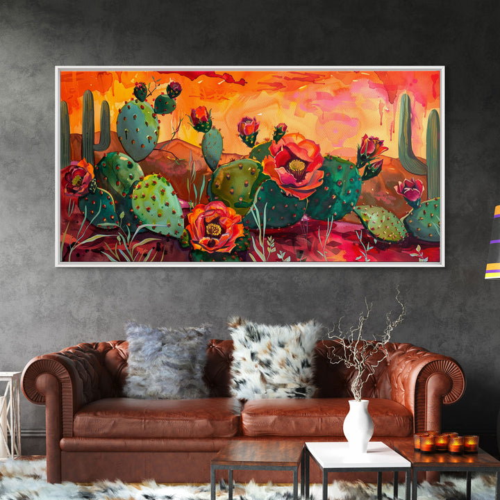 Prickly pear cacti with vibrant blooms in desert scene, Framed Canvas Print, great for modern living room, boho wall decor