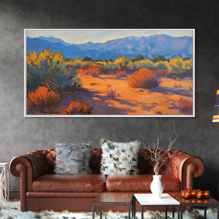 Serene desert landscape with vibrant colors, Framed Canvas Print, perfect for boho living room, southwestern wall art decor