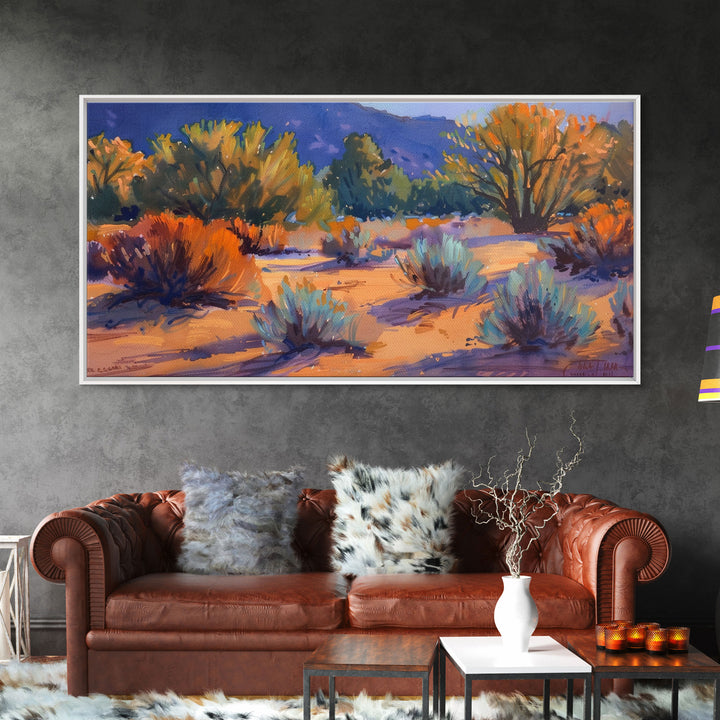Colorful desert scene with distant mountains, Framed Canvas Print, ideal for minimalist living room, boho wall art decor