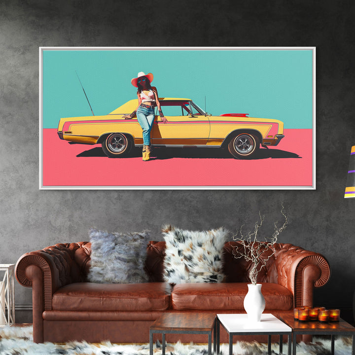Bold Cowgirl Posing with Yellow Car, Pop Art Framed Canvas Print for Living Room, Ideal Bedroom Wall Art, Unique Home Decor