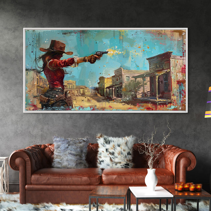 Framed Canvas Print Featuring Western Woman Shooting Revolver in Colorful Town, Ideal for Living Room Wall Art, Bedroom Decor