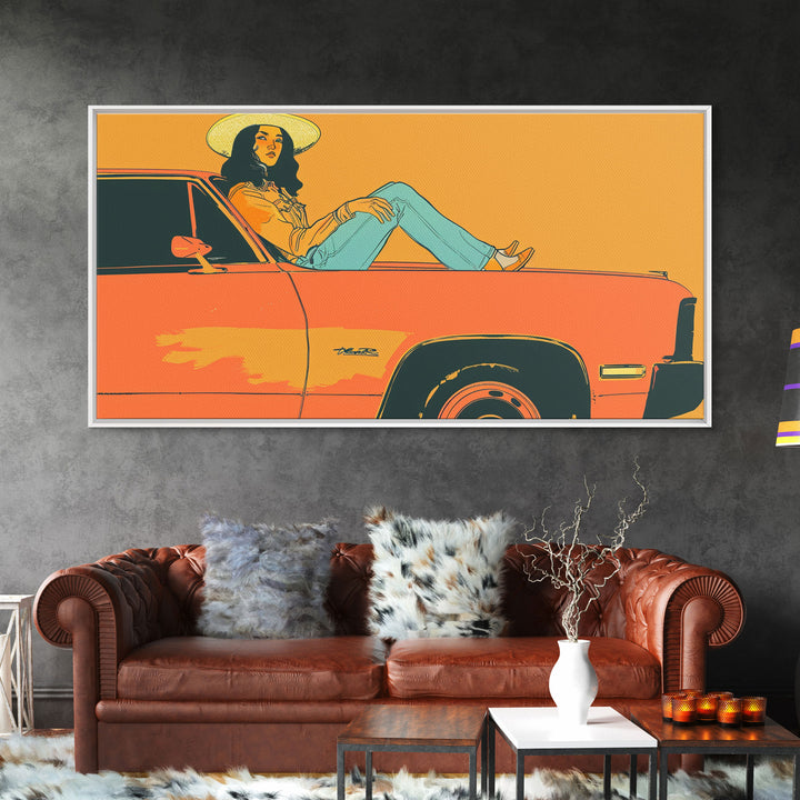 Relaxed Cowgirl Sitting on Car Hood, Retro Framed Canvas Print for Bedroom, Perfect Living Room Art, Vintage Wall Decor