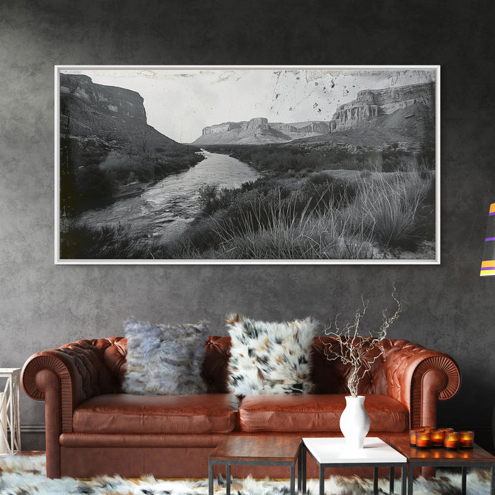 Vintage River Through Canyon, Framed Canvas Print for Rustic Living Room Decor, Ideal Western Wall Art, Bedroom Nature Scene