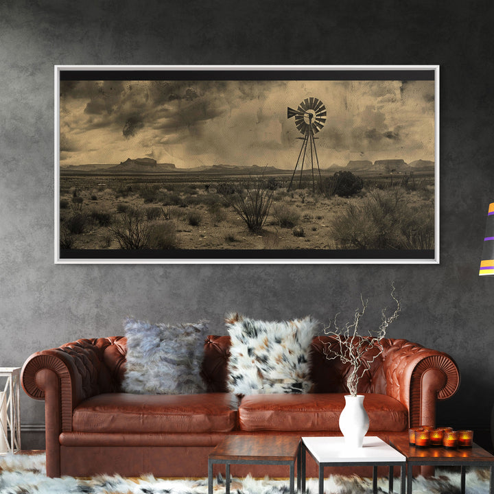 Rustic Windmill in Desert Landscape, Framed Canvas Print for Western Style Living Room, Perfect Bedroom Wall Art, Vintage Decor