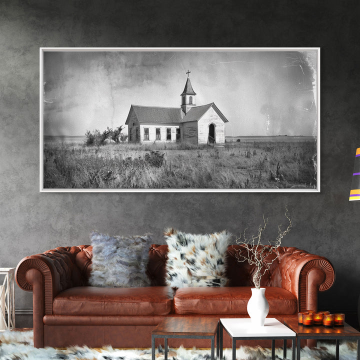Vintage Country Church in Open Field, Framed Canvas Print for Living Room Decor, Perfect Bedroom Art, Rustic Western Wall Art