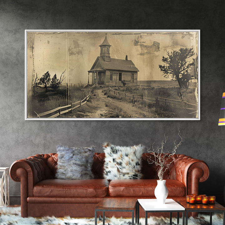 Old Country Church with Fenced Path, Framed Canvas Print for Living Room Decor, Perfect Bedroom Wall Art, Vintage Western Scene