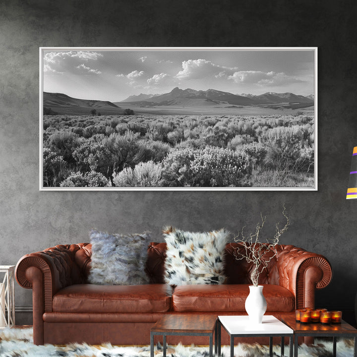 Mountain Range with Rolling Hills and Sagebrush, Framed Canvas Print Farmhouse Living Room Wall Art, Rustic Home Decor, Scenic Landscape Art