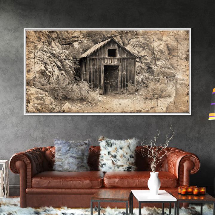 Old Wooden Shack in Rocky Terrain, Farmhouse Style Framed Canvas Print for Bedroom Art, Historical Home Decoration, Rustic Wall Art Piece