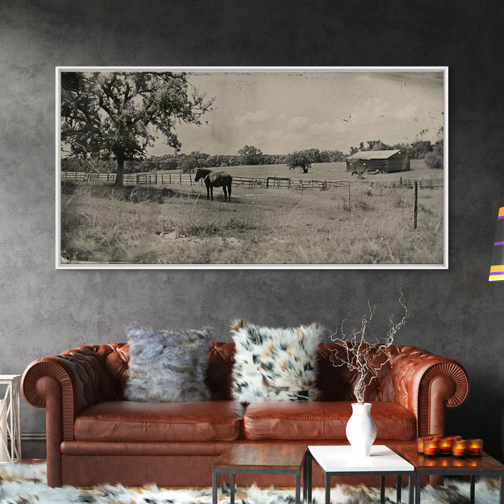 Horse Grazing in Pasture by Farmhouse, Antique Style Framed Canvas Print Country Living Room Decor, Rustic Farmhouse Wall Art, Nature Scene