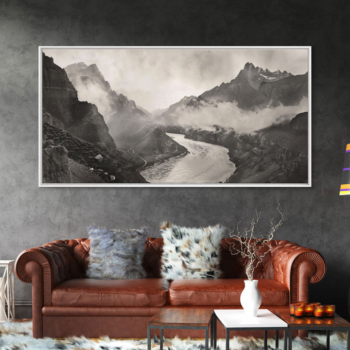 River Flowing through Mountain Valley, Black and White Framed Canvas Print for Farmhouse Bedroom Wall Art, Home Decoration, Scenic Nature