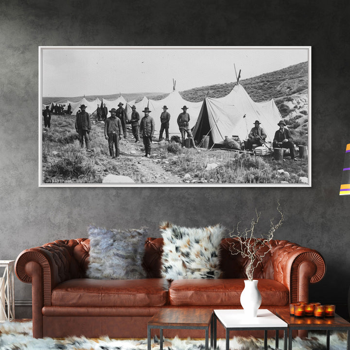 Military Camp with Tents and Soldiers, Farmhouse Style Framed Canvas Print for Historical Home Decor, Living Room Wall Art, Vintage Scene