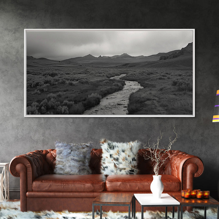 River and Rolling Hills Under Cloudy Sky, Black and White Framed Canvas Print Rustic Farmhouse Living Room Decor, Landscape Art, Home Decor