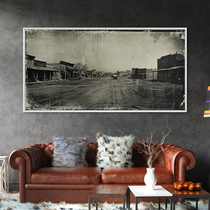 Deserted Old West Town Street, Sepia Framed Canvas Print Farmhouse Living Room Wall Art, Vintage Home Decor, Rustic Art Piece