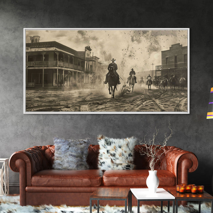 Cowboys Riding into Town, Vintage Framed Canvas Print Farmhouse Living Room Wall Art, Rustic Home Decor, Western Scene, Historical Art Piece