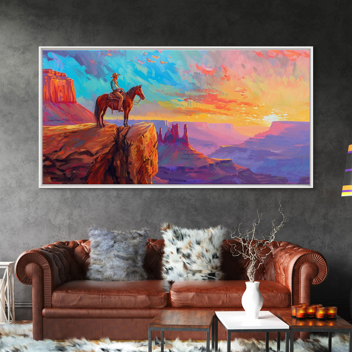 Cowboy and Horse with Canyon View, Farmhouse Style Framed Canvas Print for Bedroom Wall Art, Vibrant Home Decor, Western Scenic Art