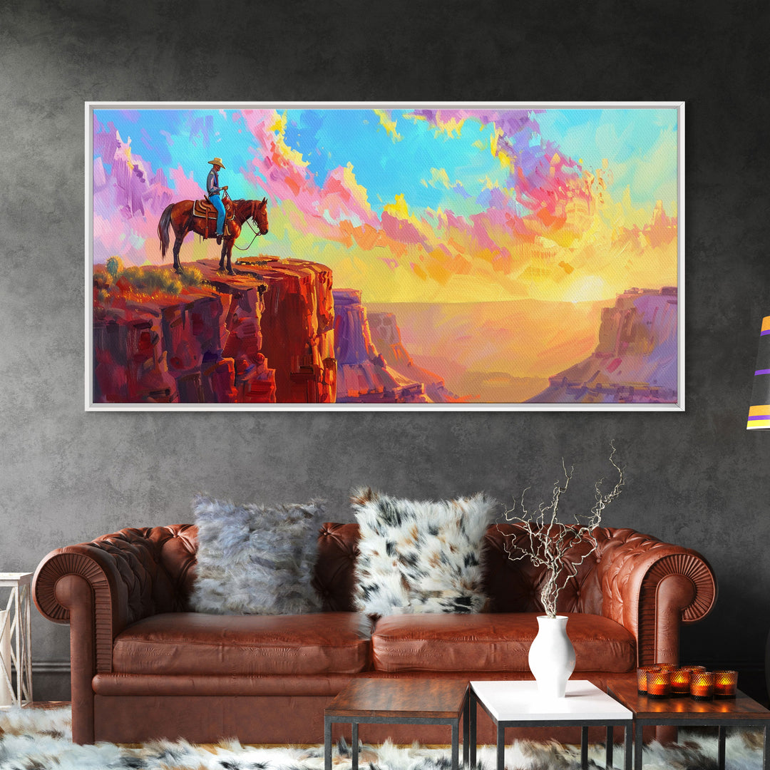 Cowboy on Horse Under Vibrant Sky, Farmhouse Style Framed Canvas Print for Bedroom Wall Art, Rustic Home Decor, Western Scenic Art
