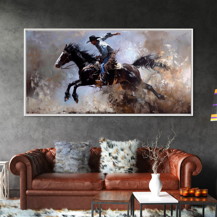 Colorful Cowboy Riding Horse in Dust, Farmhouse Style Framed Canvas Print for Living Room Wall Art, Vibrant Home Decor, Western Action Art