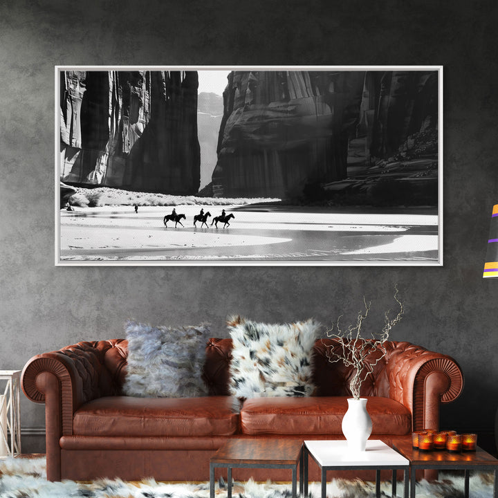 Cowboys Riding in Dusty Canyon, Striking Wall Art for Living Room or Bedroom, Framed Canvas Print, Home Decoration