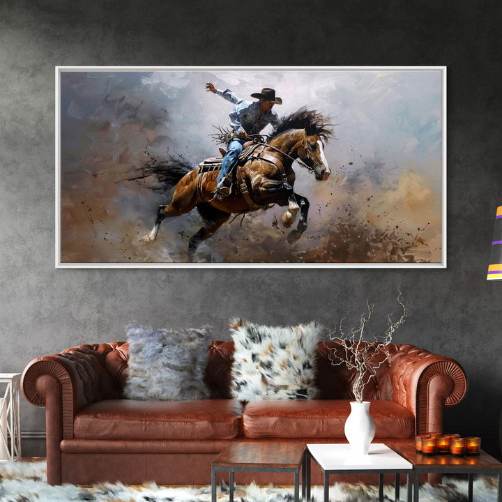 Colorful Rodeo Rider in Action on Framed Canvas Print, Perfect for Rustic Living Room Art, Western Bedroom Decor, Cowboy Wall Art