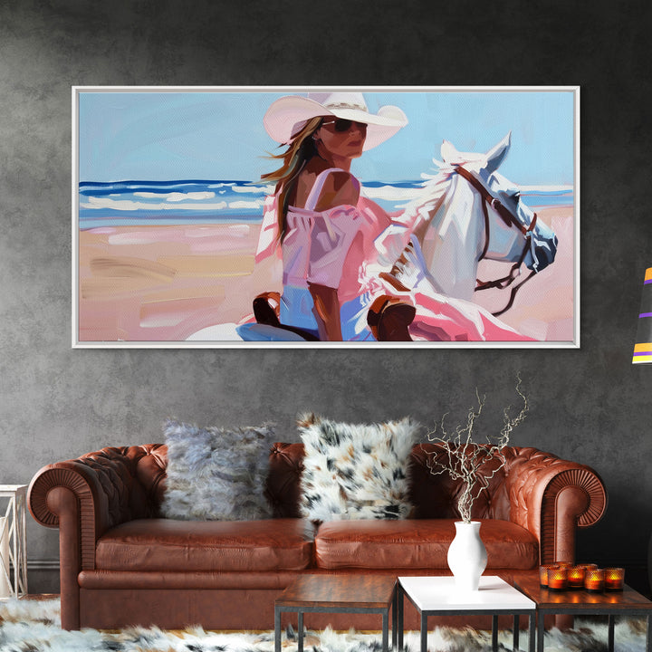 Elegant Cowgirl on Horse by the Shore, Beautiful Framed Canvas Print, Ideal for Coastal Living Room Art, Beach Bedroom Decor, Horse Wall Art