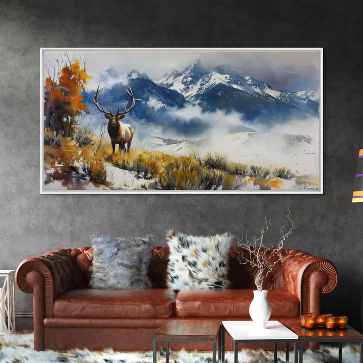 Majestic Elk in Mountain Landscape with Fall Foliage, Stunning Framed Canvas Print, Living Room Art, Rustic Bedroom Decor, Wall Art