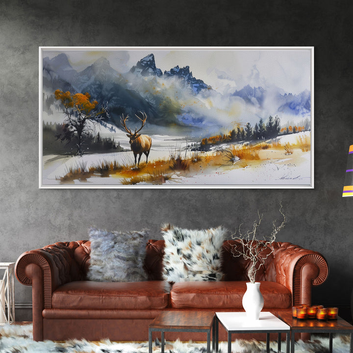 Majestic Elk in Snowy Mountain Scene, Beautiful Framed Canvas Print,for Living Room Art Rustic Bedroom Decor Nature Wall Art, Wildlife Scene